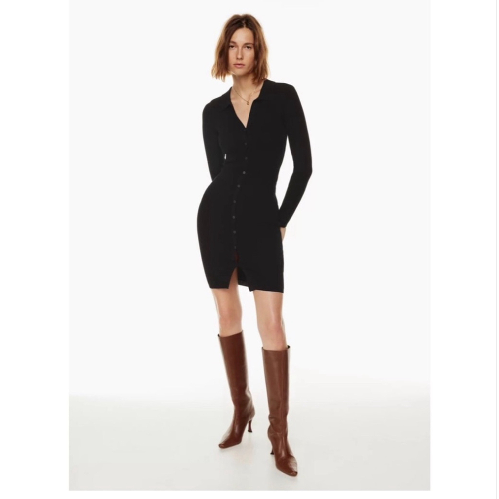 Wilfred Cove Black Long Sleeve Ribbed Button-Front Collar Dress XS Bodycon